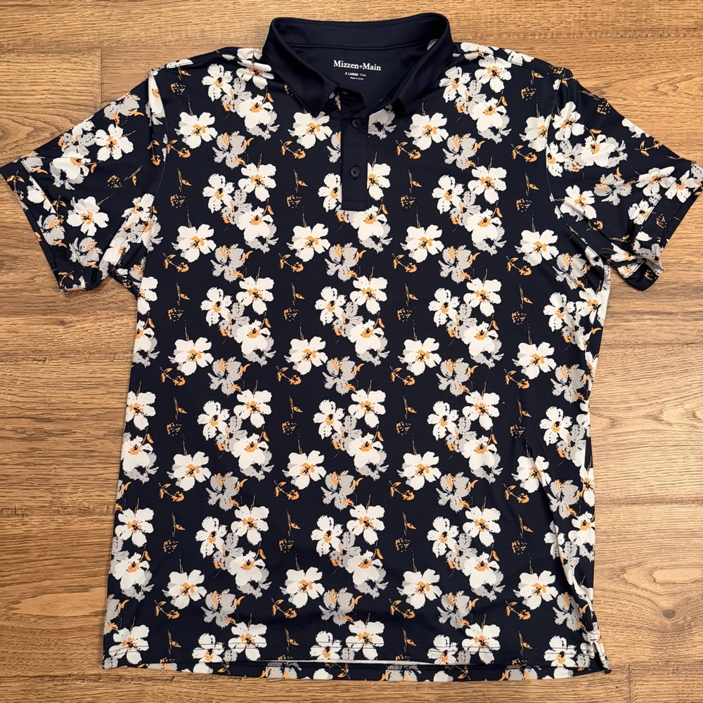 Mizzen+Main Men’s Navy Floral Polo XL Golf Performance Menswear EUC